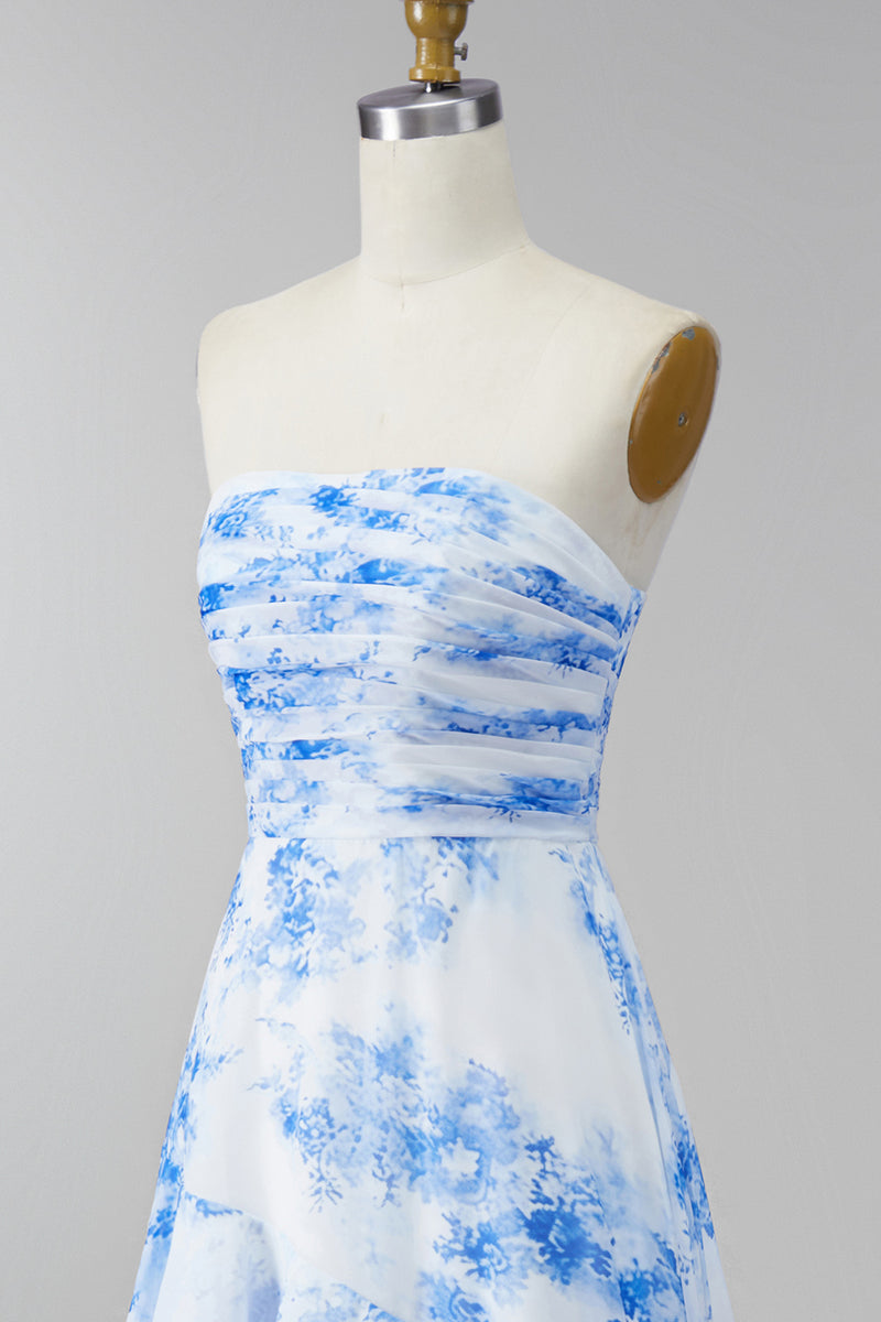 Load image into Gallery viewer, Strapless White Blue Flower Maxi Ruched A Line Wedding Guest Dress with Ruffles