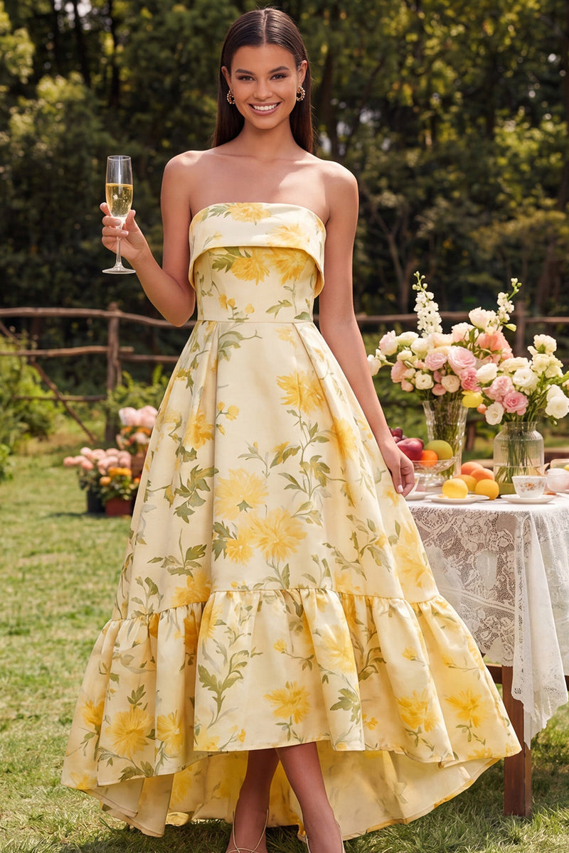 Load image into Gallery viewer, Strapless Yellow A Line Floral Maxi Wedding Guest Dress