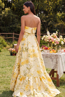 Load image into Gallery viewer, Strapless Yellow A Line Floral Maxi Wedding Guest Dress