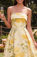 Load image into Gallery viewer, Strapless Yellow A Line Floral Maxi Wedding Guest Dress
