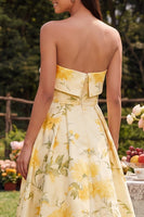 Load image into Gallery viewer, Strapless Yellow A Line Floral Maxi Wedding Guest Dress