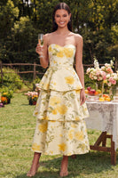 Load image into Gallery viewer, Yellow Floral Maxi Strapless A Line Wedding Guest Dress with Ruffles