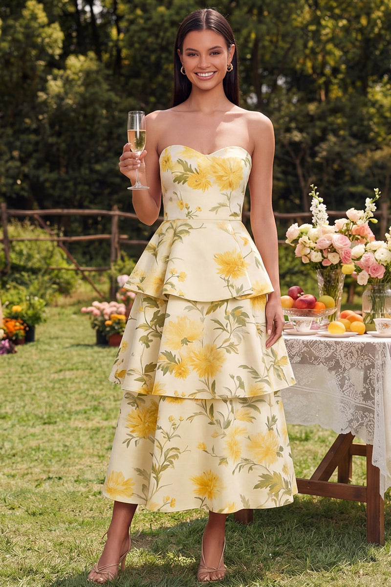 Load image into Gallery viewer, Yellow Floral Maxi Strapless A Line Wedding Guest Dress with Ruffles