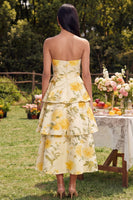 Load image into Gallery viewer, Yellow Floral Maxi Strapless A Line Wedding Guest Dress with Ruffles