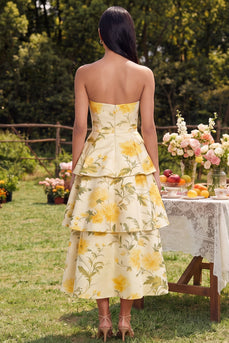 Yellow Floral Maxi Strapless A Line Wedding Guest Dress with Ruffles