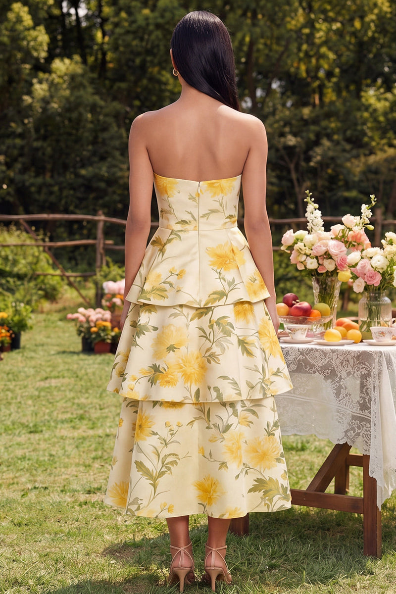 Load image into Gallery viewer, Yellow Floral Maxi Strapless A Line Wedding Guest Dress with Ruffles