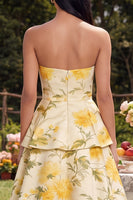 Load image into Gallery viewer, Yellow Floral Maxi Strapless A Line Wedding Guest Dress with Ruffles