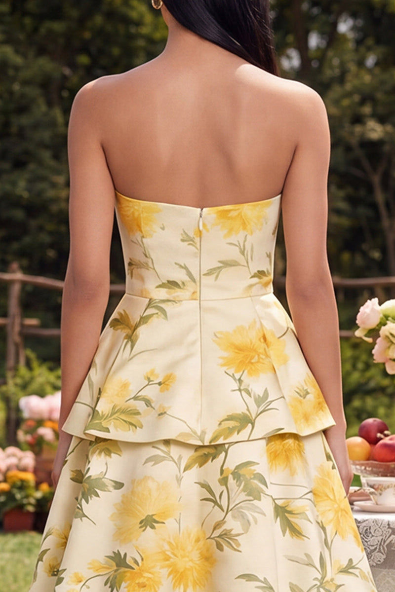 Load image into Gallery viewer, Yellow Floral Maxi Strapless A Line Wedding Guest Dress with Ruffles