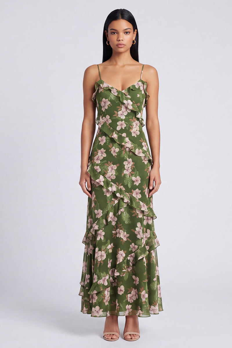 Load image into Gallery viewer, Floral Dark Green Spaghetti Straps A Line Maxi Beach Wedding Guest Dress with Ruffles