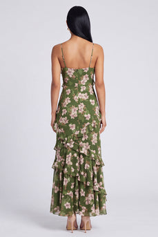 Floral Dark Green Spaghetti Straps A Line Maxi Beach Wedding Guest Dress with Ruffles