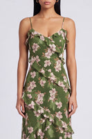 Load image into Gallery viewer, Floral Dark Green Spaghetti Straps A Line Maxi Beach Wedding Guest Dress with Ruffles