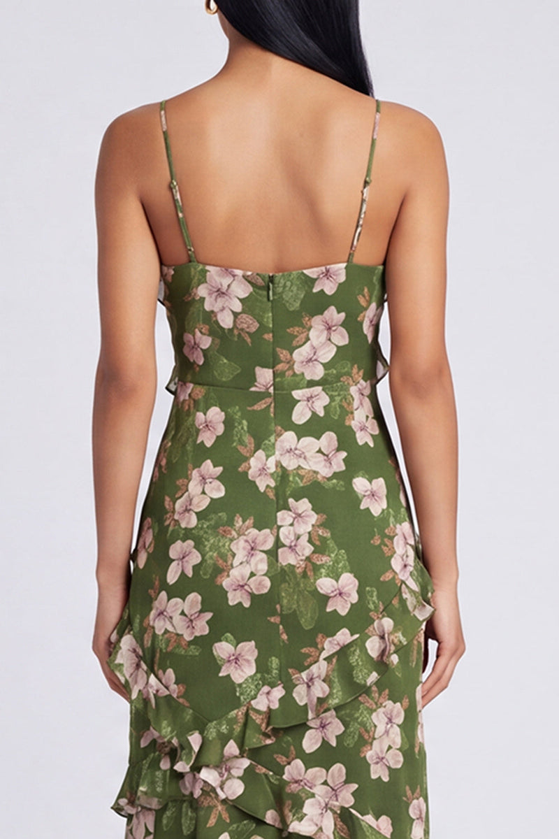 Load image into Gallery viewer, Floral Dark Green Spaghetti Straps A Line Maxi Beach Wedding Guest Dress with Ruffles