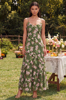 Load image into Gallery viewer, Floral Dark Green Spaghetti Straps A Line Maxi Beach Wedding Guest Dress with Ruffles