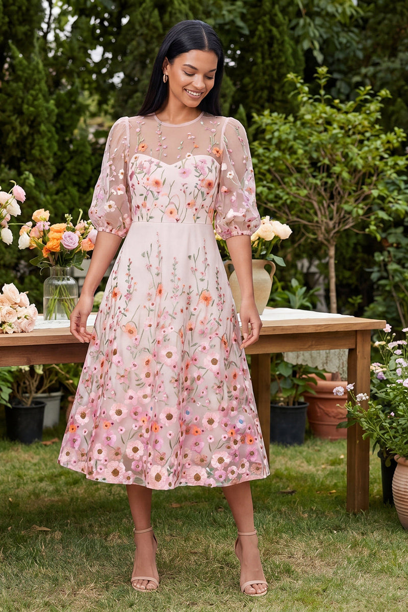 Load image into Gallery viewer, Floral Pink Maxi Round Neck A Line Beach Wedding Guest Dress
