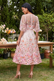 Floral Pink Maxi Round Neck A Line Beach Wedding Guest Dress