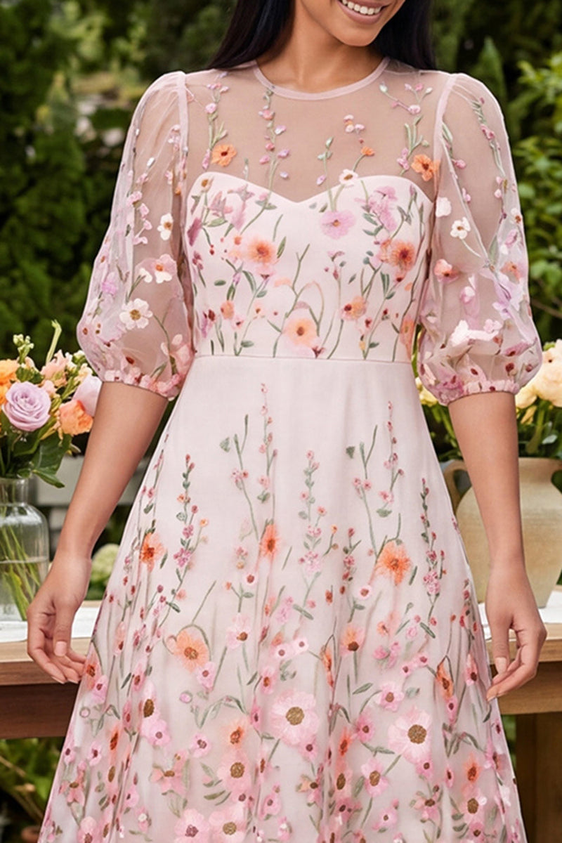 Load image into Gallery viewer, Floral Pink Maxi Round Neck A Line Beach Wedding Guest Dress