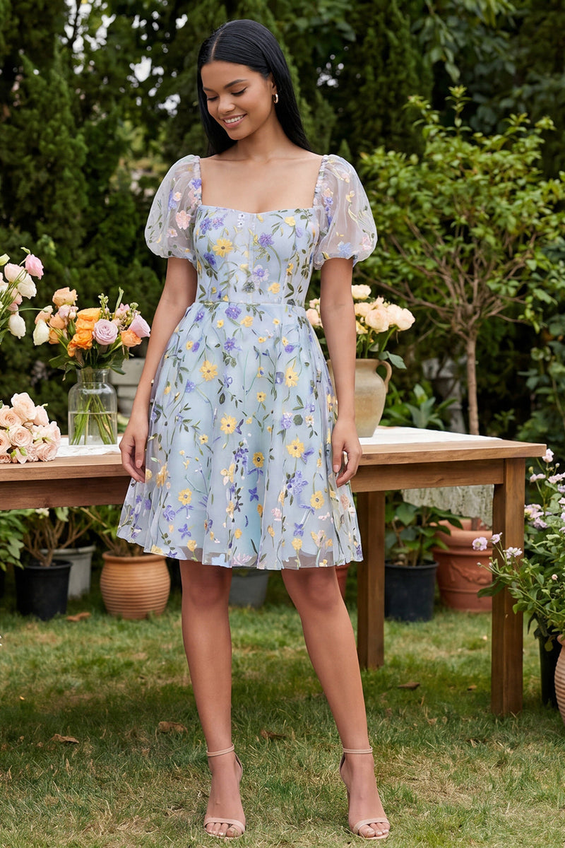 Load image into Gallery viewer, Square Neck Blue Flower A Line Short Wedding Guest Dress