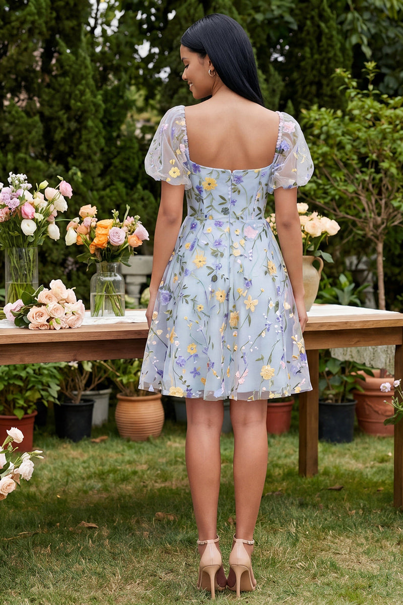 Load image into Gallery viewer, Square Neck Blue Flower A Line Short Wedding Guest Dress