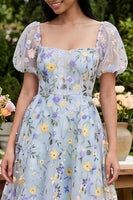 Load image into Gallery viewer, Square Neck Blue Flower A Line Short Wedding Guest Dress