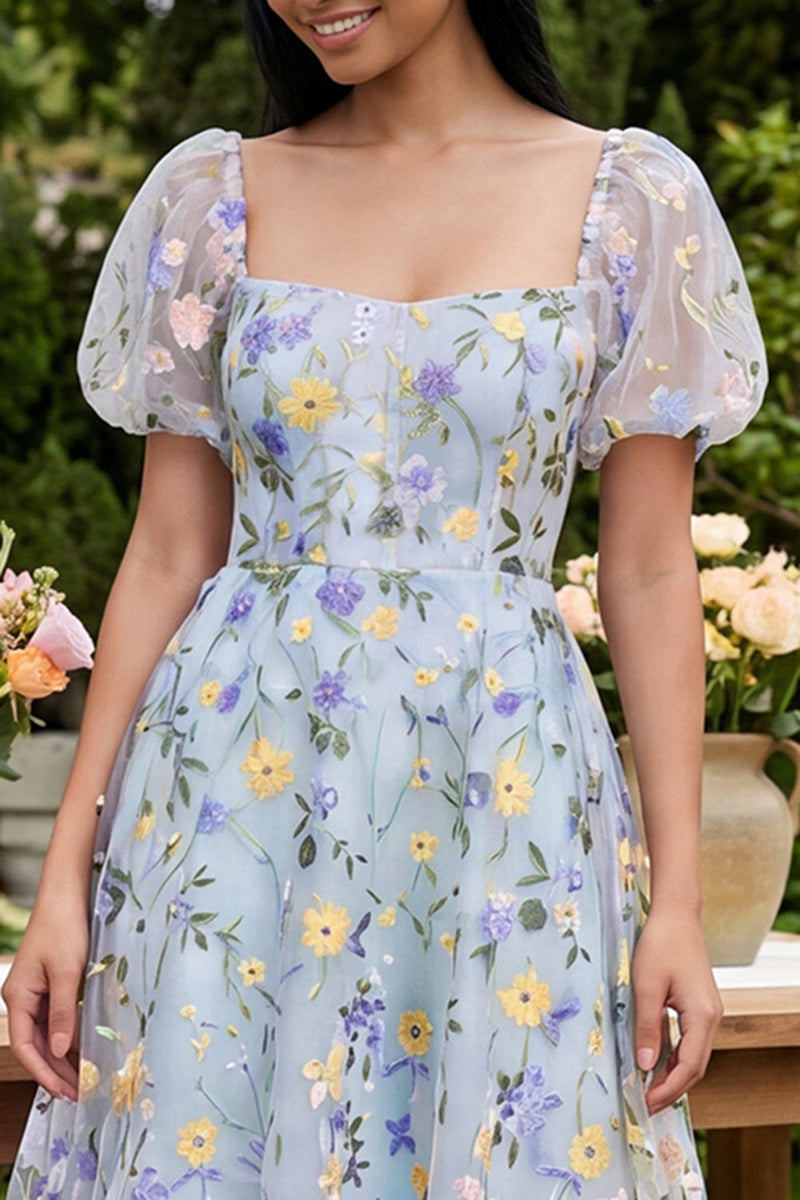Load image into Gallery viewer, Square Neck Blue Flower A Line Short Wedding Guest Dress