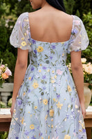 Load image into Gallery viewer, Square Neck Blue Flower A Line Short Wedding Guest Dress