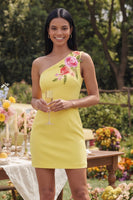 Load image into Gallery viewer, Floral Butter Yellow One Shoulder Tight Short Wedding Guest Dress
