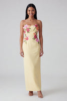 Load image into Gallery viewer, Strapless Light Yellow Floral Sheath Maxi Wedding Guest Dress