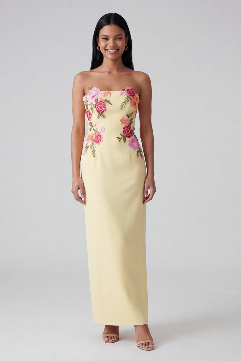 Load image into Gallery viewer, Strapless Light Yellow Floral Sheath Maxi Wedding Guest Dress