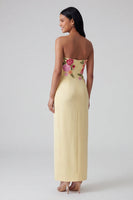 Load image into Gallery viewer, Strapless Light Yellow Floral Sheath Maxi Wedding Guest Dress
