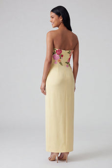 Strapless Light Yellow Floral Sheath Maxi Wedding Guest Dress