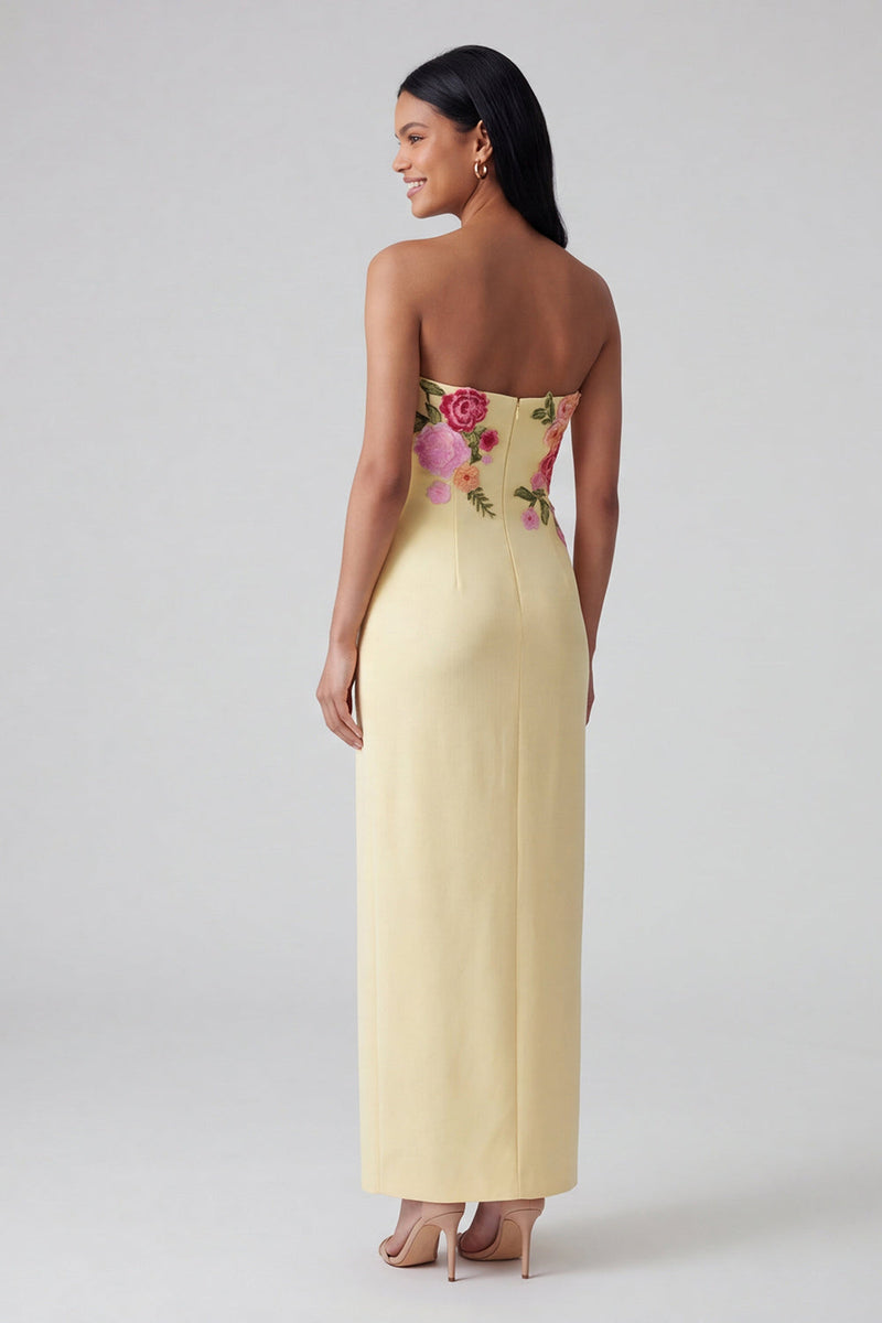 Load image into Gallery viewer, Strapless Light Yellow Floral Sheath Maxi Wedding Guest Dress