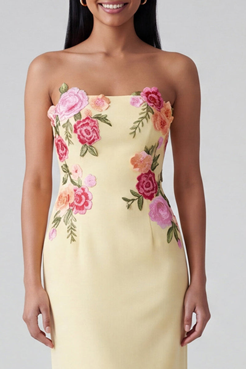 Load image into Gallery viewer, Strapless Light Yellow Floral Sheath Maxi Wedding Guest Dress