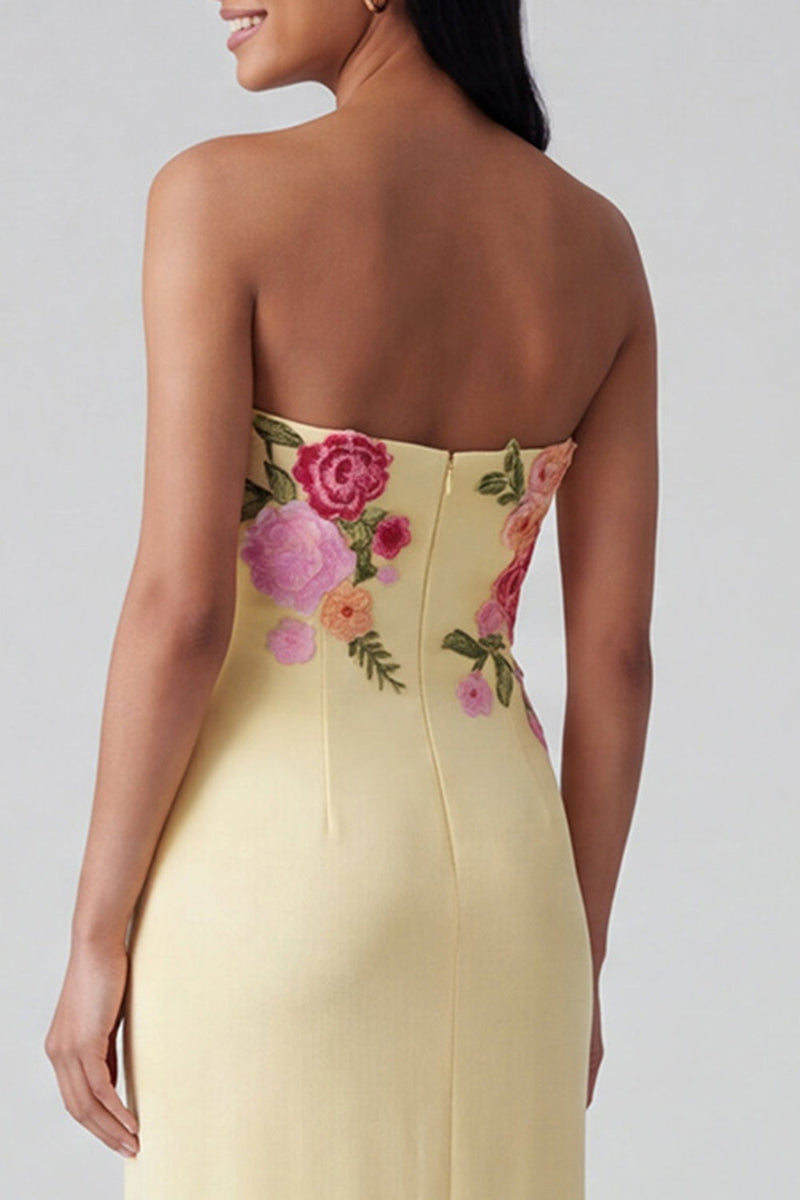 Load image into Gallery viewer, Strapless Light Yellow Floral Sheath Maxi Wedding Guest Dress