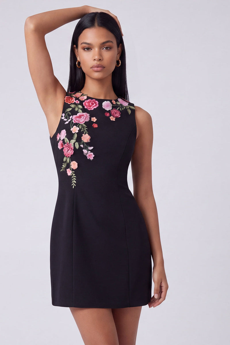 Load image into Gallery viewer, Black Floral Round Neck Short Wedding Guest Dress