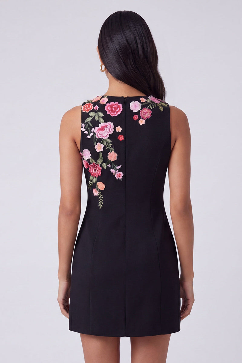 Load image into Gallery viewer, Black Floral Round Neck Short Wedding Guest Dress
