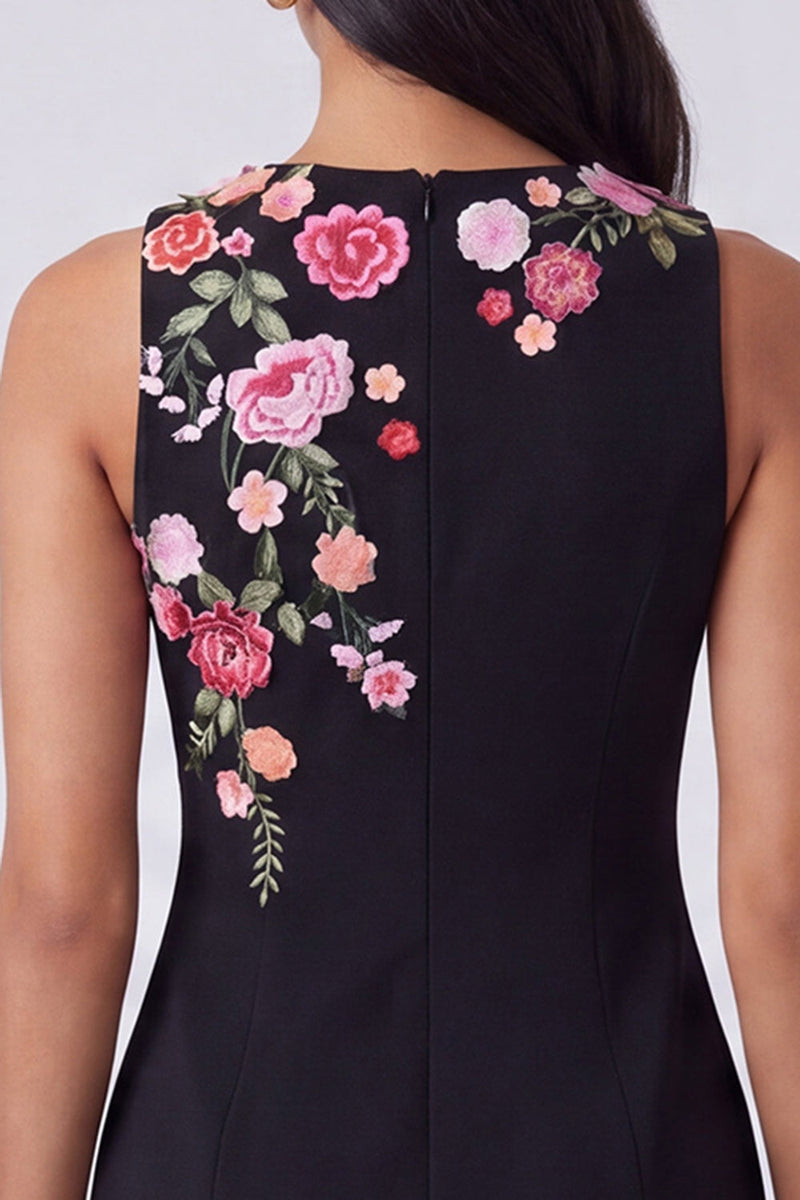 Load image into Gallery viewer, Black Floral Round Neck Short Wedding Guest Dress