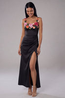 Load image into Gallery viewer, Mermaid Black Floral Ruched Scoop Neck Maxi Beach Wedding Guest Dress with Slit