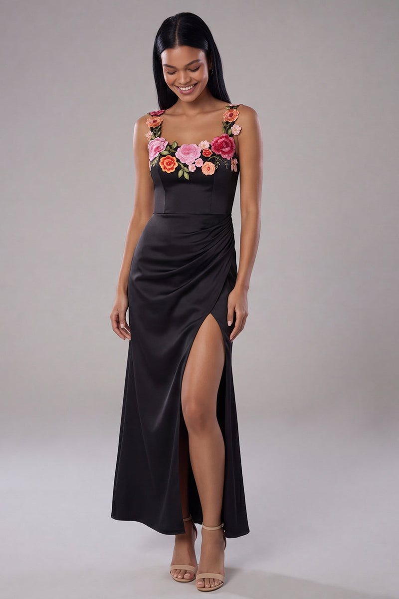 Load image into Gallery viewer, Mermaid Black Floral Ruched Scoop Neck Maxi Beach Wedding Guest Dress with Slit