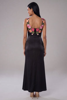 Mermaid Black Floral Ruched Scoop Neck Maxi Beach Wedding Guest Dress with Slit
