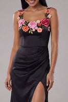 Load image into Gallery viewer, Mermaid Black Floral Ruched Scoop Neck Maxi Beach Wedding Guest Dress with Slit
