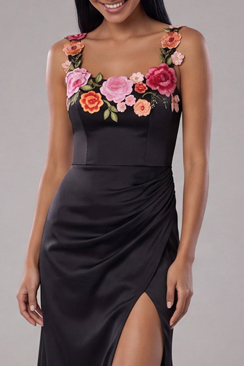Load image into Gallery viewer, Mermaid Black Floral Ruched Scoop Neck Maxi Beach Wedding Guest Dress with Slit