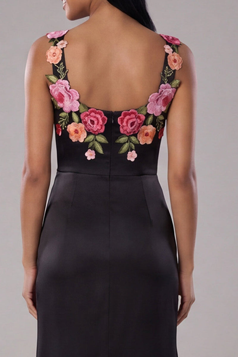 Load image into Gallery viewer, Mermaid Black Floral Ruched Scoop Neck Maxi Beach Wedding Guest Dress with Slit