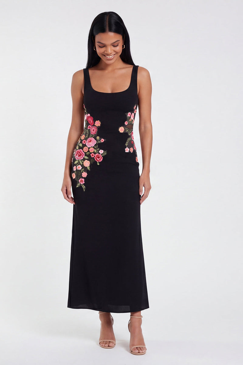Load image into Gallery viewer, Thick Straps Mermaid Floral Black Maxi Beach Wedding Guest Dress