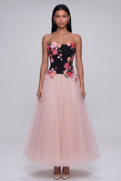 Load image into Gallery viewer, Black and Pink Strapless Floral A Line Beach Maxi Wedding Guest Dress