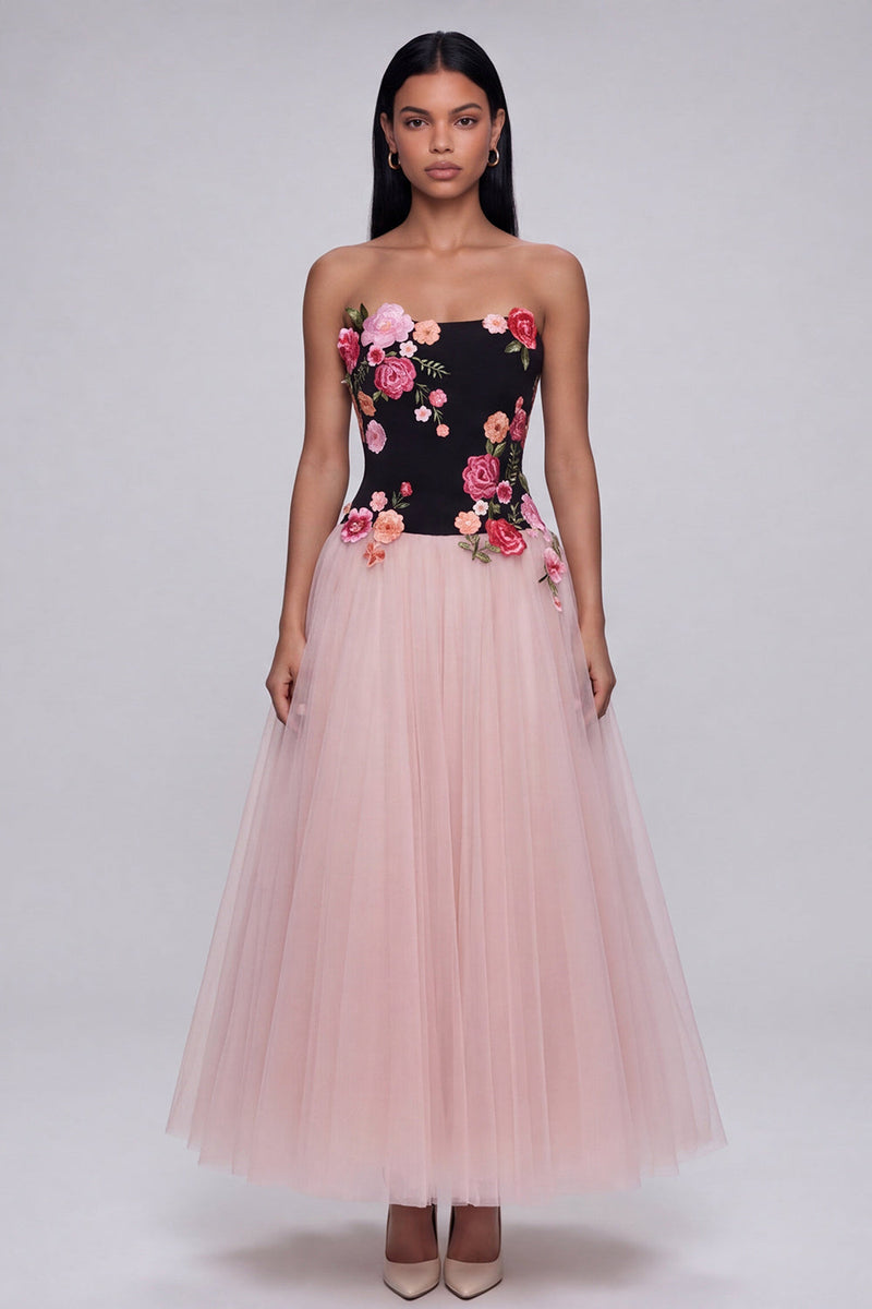 Load image into Gallery viewer, Black and Pink Strapless Floral A Line Beach Maxi Wedding Guest Dress