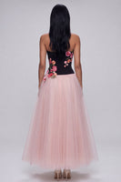 Load image into Gallery viewer, Black and Pink Strapless Floral A Line Beach Maxi Wedding Guest Dress