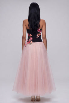 Black and Pink Strapless Floral A Line Beach Maxi Wedding Guest Dress