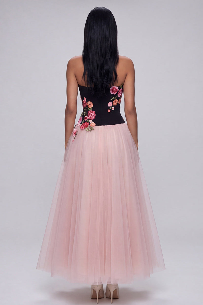 Load image into Gallery viewer, Black and Pink Strapless Floral A Line Beach Maxi Wedding Guest Dress