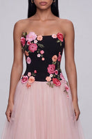 Load image into Gallery viewer, Black and Pink Strapless Floral A Line Beach Maxi Wedding Guest Dress
