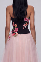 Load image into Gallery viewer, Black and Pink Strapless Floral A Line Beach Maxi Wedding Guest Dress